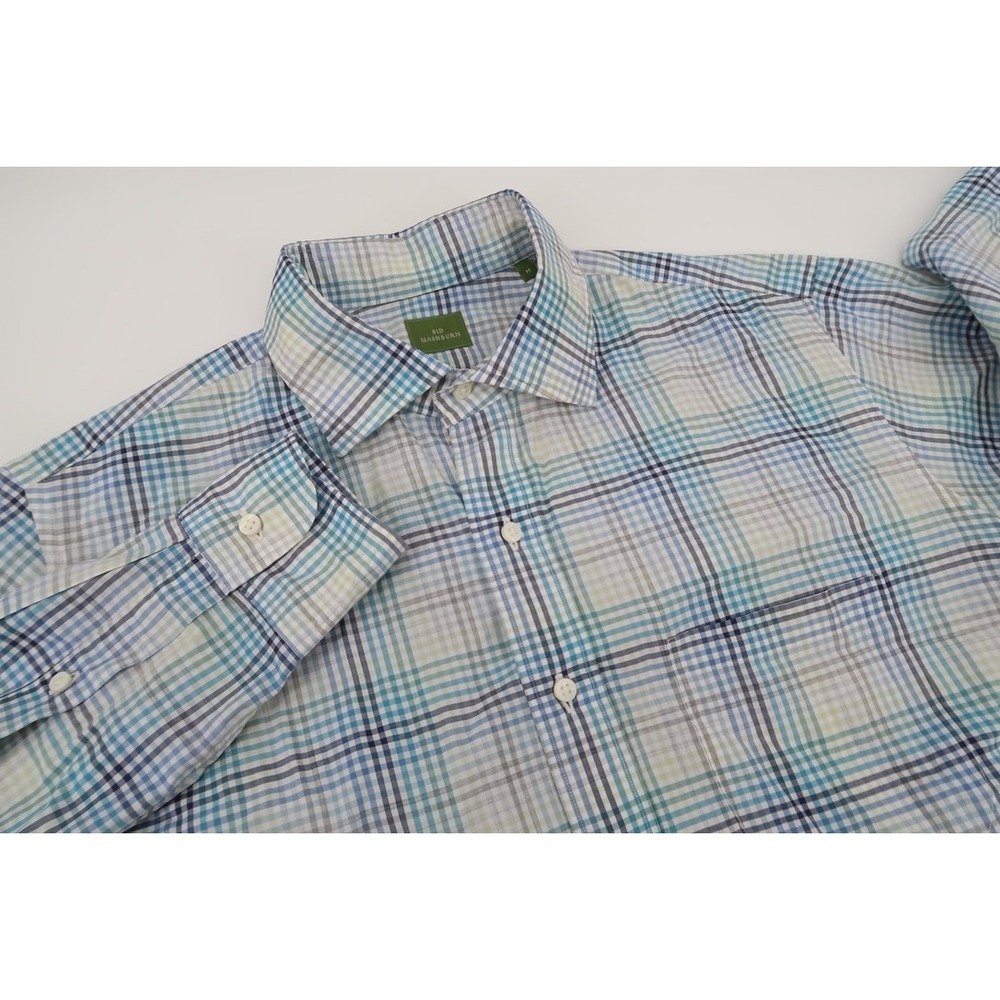 Sid Mashburn Button Down‎ Shirt Mens Medium Blue Green Plaid Cotton Long Sleeve